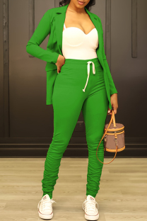 Green Casual Solid Color Lace Up Patchwork Turn-back Collar Long Sleeve Two Pieces
