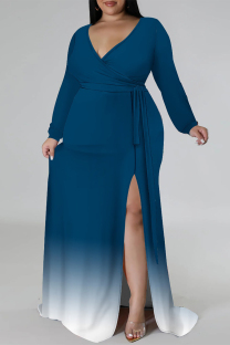 Blue Sexy Gradient Print Lace Up Contrast V Neck Printed Plus Size Dresses