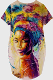 Multicolor Casual Print Patchwork O Neck Straight Dresses