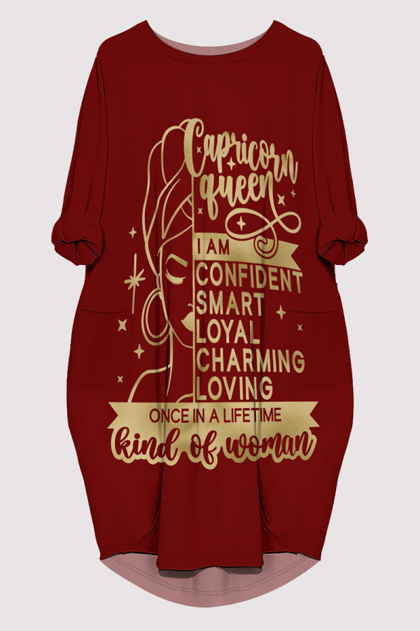 Burgundy Casual Letter Print Pocket O Neck Printed Dresses