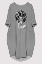 Grey Casual Figure Print Pocket O Neck Printed Dresses