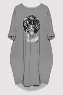 Grey Casual Figure Print Pocket O Neck Printed Dresses