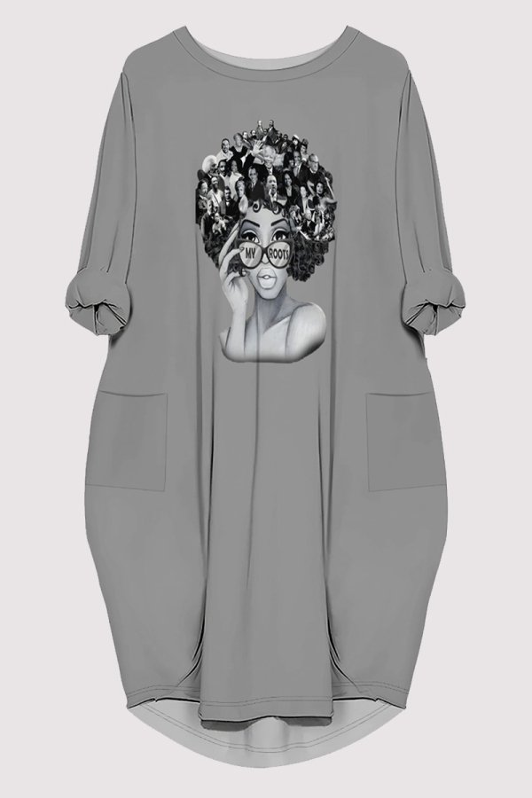 Grey Casual Figure Print Pocket O Neck Printed Dresses
