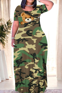 Army Green Casual Camouflage Print Animal Patchwork O Neck Printed Dresses