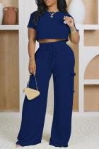 Deep Blue Street Solid Color Draw String Pocket Patchwork O Neck Short Sleeve Two Pieces