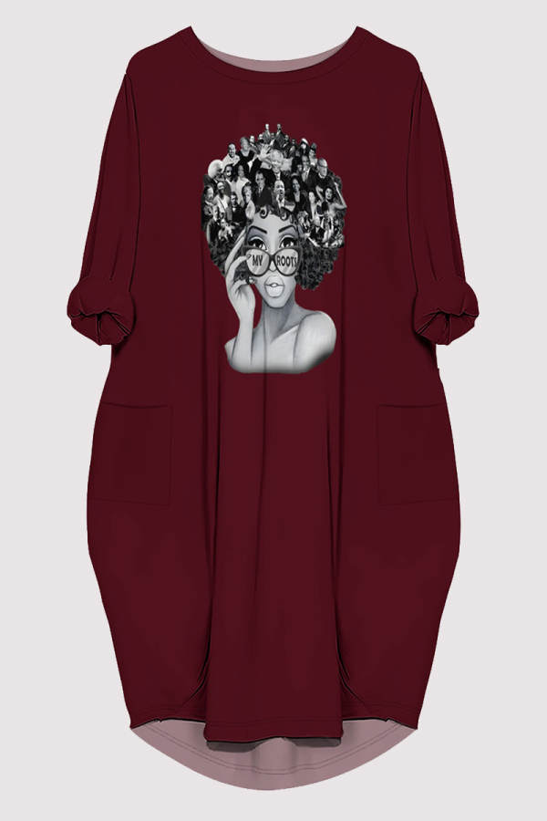Burgundy Casual Figure Print Pocket O Neck Printed Dresses
