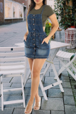 Light Blue Sexy Solid Color Pocket Buckle Patchwork Backless Sleeveless Regular Denim Dresses