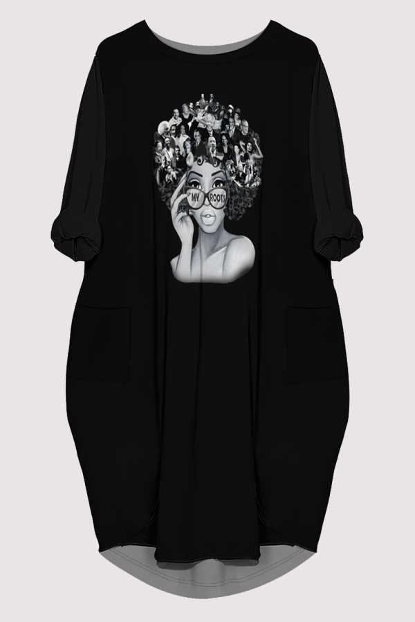 Black Casual Figure Print Pocket O Neck Printed Dresses