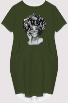 Army Green Casual Figure Print Pocket O Neck Printed Short Sleeve Dress