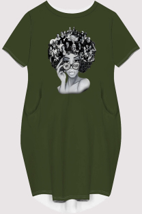 Army Green Casual Figure Print Pocket O Neck Printed Short Sleeve Dress