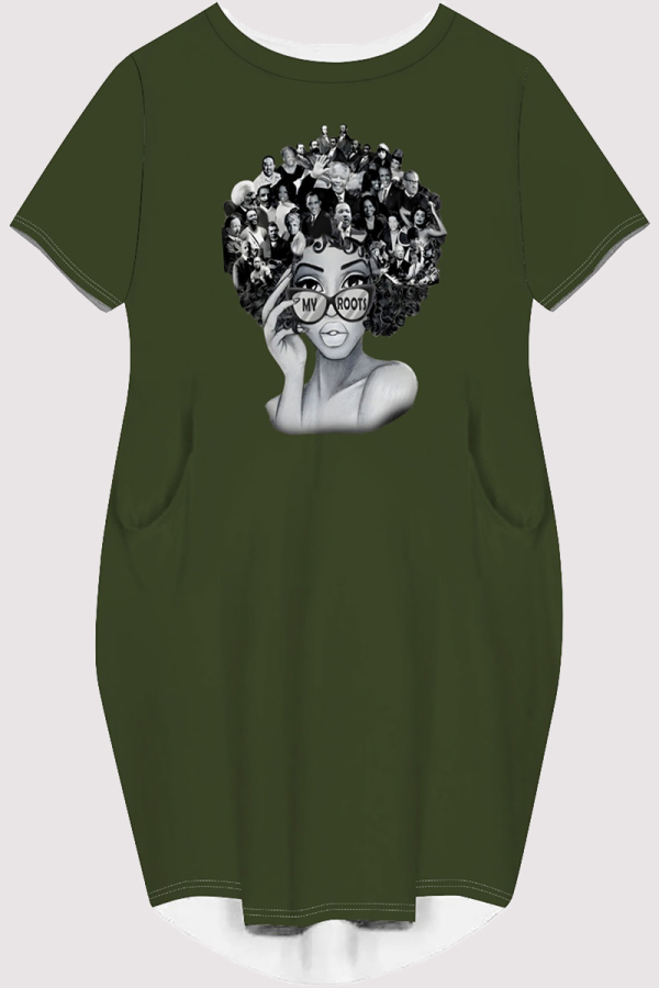 Army Green Casual Figure Print Pocket O Neck Printed Short Sleeve Dress