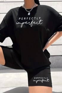 Black Casual Print Patchwork O Neck Short Sleeve Two Pieces
