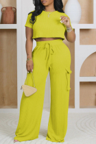 Yellow Street Solid Color Draw String Pocket Patchwork O Neck Short Sleeve Two Pieces
