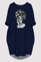 Tibetan Blue Casual Figure Print Pocket O Neck Printed Dresses
