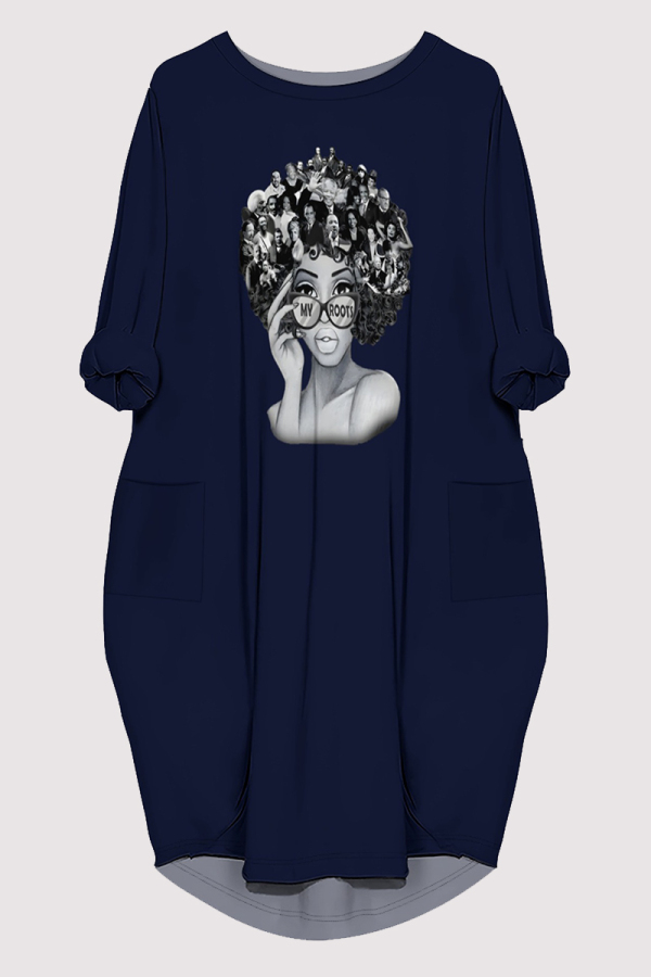 Tibetan Blue Casual Figure Print Pocket O Neck Printed Dresses