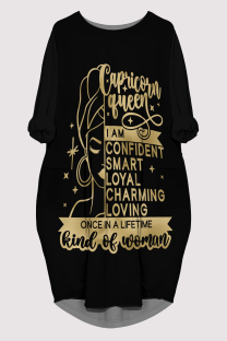 Black Casual Letter Print Pocket O Neck Printed Dresses