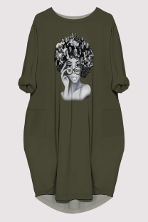 Army Green Casual Figure Print Pocket O Neck Printed Dresses