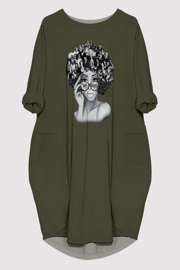 Army Green Casual Figure Print Pocket O Neck Printed Dresses