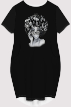 Black Casual Figure Print Pocket O Neck Printed Short Sleeve Dress