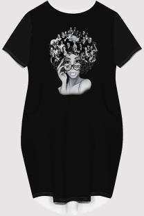 Black Casual Figure Print Pocket O Neck Printed Short Sleeve Dress