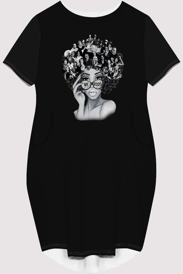 Black Casual Figure Print Pocket O Neck Printed Short Sleeve Dress