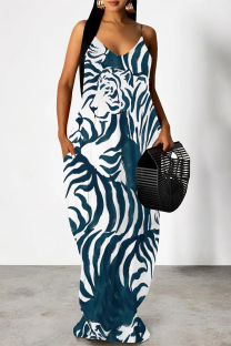 Blue White Sexy Animal Print Pocket V Neck Printed Dresses