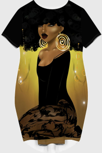Gold Casual Print Patchwork O Neck Straight Dresses