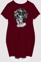 Burgundy Casual Figure Print Pocket O Neck Printed Short Sleeve Dress