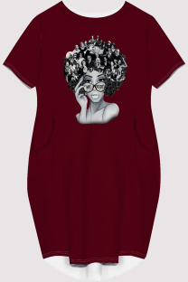 Burgundy Casual Figure Print Pocket O Neck Printed Short Sleeve Dress