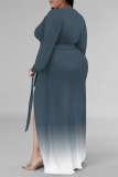 Grey Sexy Gradient Print Lace Up Contrast V Neck Printed Plus Size Dresses