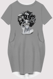 Grey Casual Figure Print Pocket O Neck Printed Short Sleeve Dress