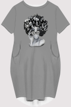 Grey Casual Figure Print Pocket O Neck Printed Short Sleeve Dress