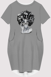Grey Casual Figure Print Pocket O Neck Printed Short Sleeve Dress