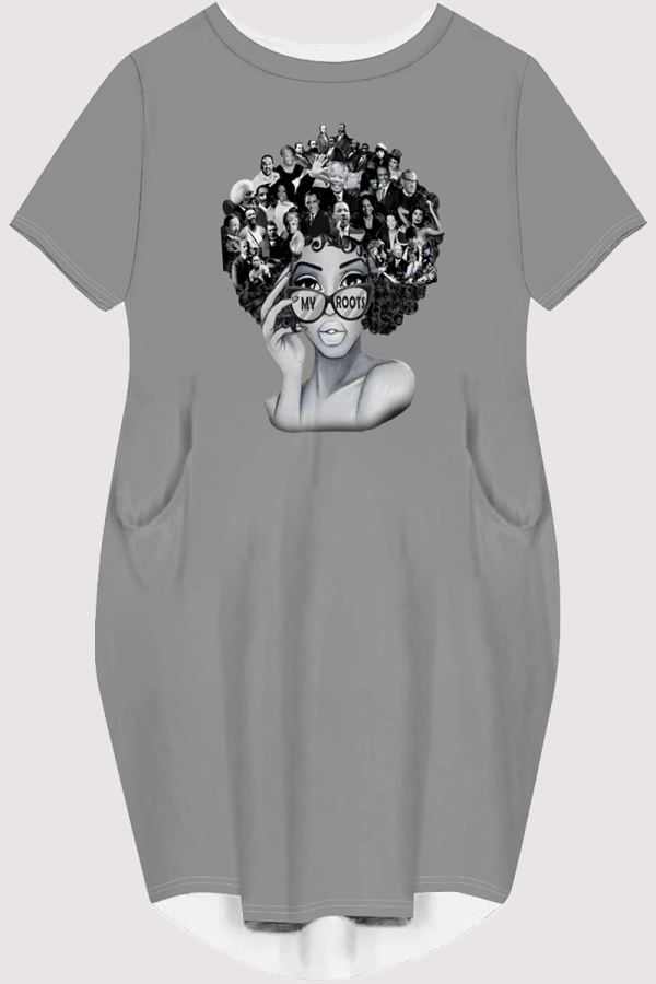 Grey Casual Figure Print Pocket O Neck Printed Short Sleeve Dress