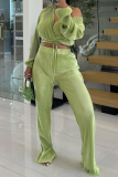 Green Casual Solid Color Patchwork Strap Design Deep V Neck Long Sleeve Two Pieces