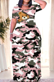 Army Green Casual Camouflage Print Animal Patchwork O Neck Printed Dresses