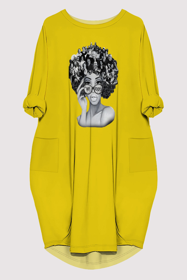 Yellow Casual Figure Print Pocket O Neck Printed Dresses