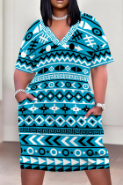 Cyan Casual Print Pocket Patchwork V Neck Straight Plus Size Dresses