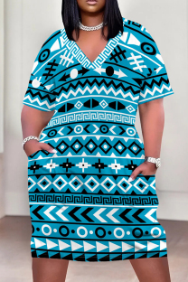 Cyan Casual Print Pocket Patchwork V Neck Straight Plus Size Dresses