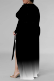 Grey Sexy Gradient Print Lace Up Contrast V Neck Printed Plus Size Dresses