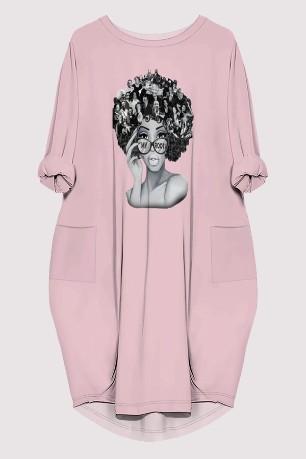 Pink Casual Figure Print Pocket O Neck Printed Dresses