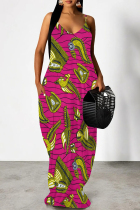 Rose Red Sexy Animal Print Pocket V Neck Printed Dresses