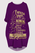Purple Casual Letter Print Pocket O Neck Printed Dresses