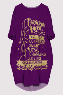 Purple Casual Letter Print Pocket O Neck Printed Dresses