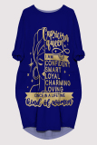 Blue Casual Letter Print Pocket O Neck Printed Dresses