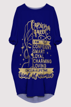 Blue Casual Letter Print Pocket O Neck Printed Dresses