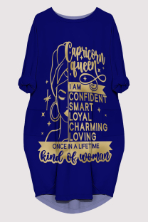Blue Casual Letter Print Pocket O Neck Printed Dresses