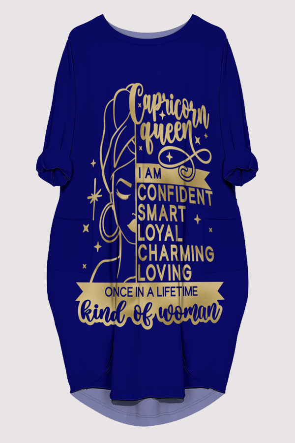 Blue Casual Letter Print Pocket O Neck Printed Dresses