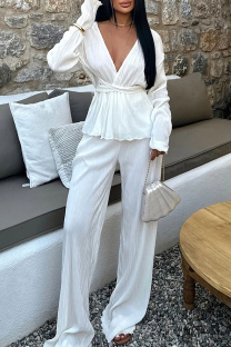 White Celebrities Solid Color Patchwork Ruched Strap Design Deep V Neck Long Sleeve Two Pieces
