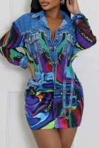Blue Casual Print Patchwork Shirt Collar Long Sleeve Two Pieces